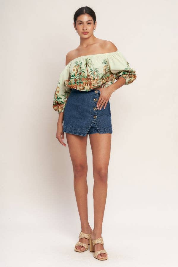 A washed denim skort