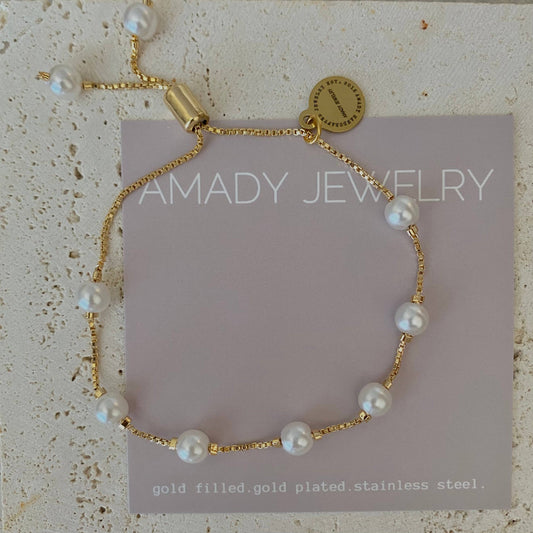 Pearls Adjustable Beaded Bracelet 18k Gold Filled boxy chain