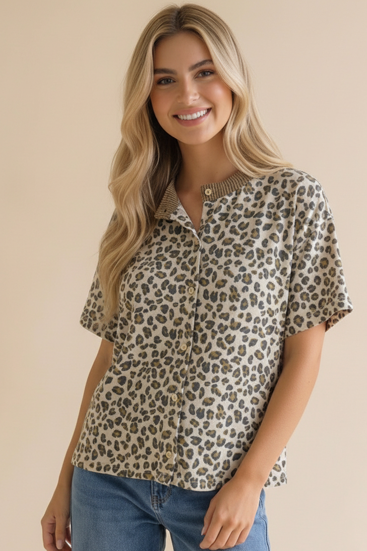Leopard Print Button Down French Terry Cardigan