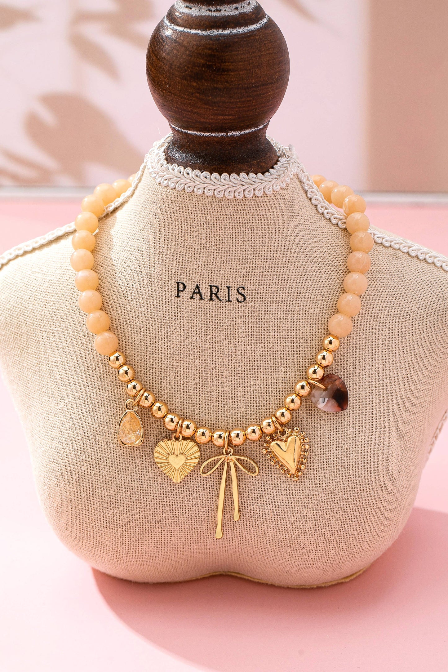 Beige Beaded Bow Heart Rhinestone Charm Necklace | 80N92689