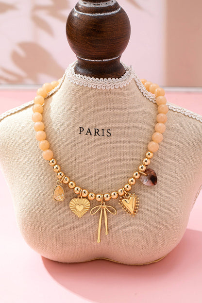 Beige Beaded Bow Heart Rhinestone Charm Necklace | 80N92689