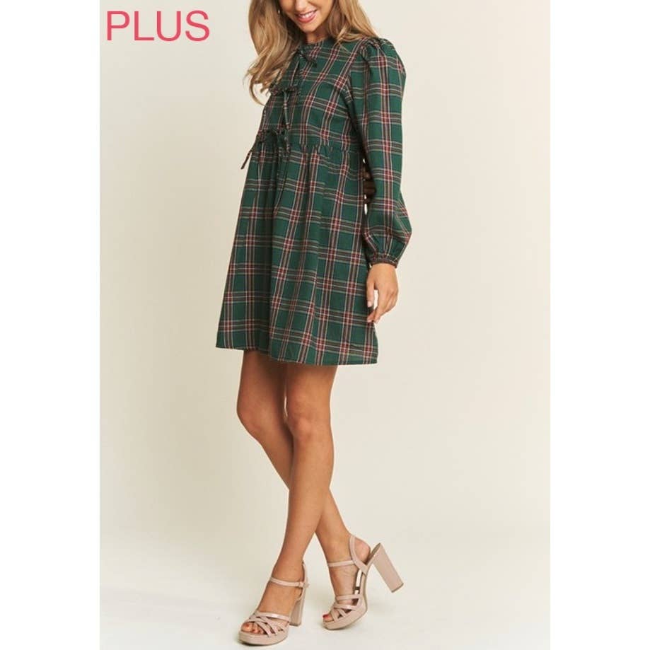 PLUS SOFT PLAID  BABYDOLL BOW MINI DRESS