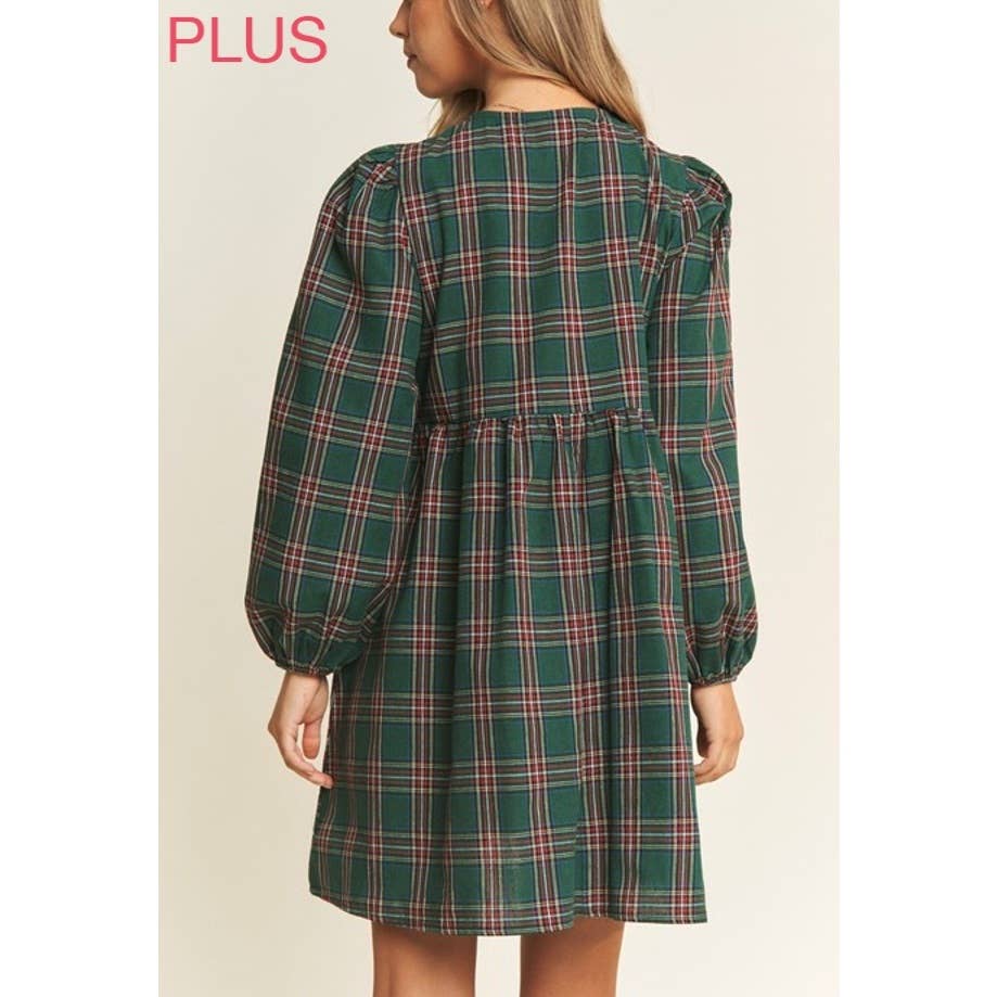 PLUS SOFT PLAID  BABYDOLL BOW MINI DRESS