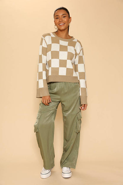 Checkered Sweater - Ribbed Hem, Cuffs and Collar