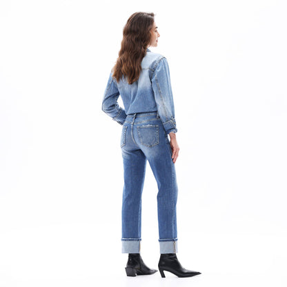 Mid Rise Cuffed Hems Straight Distressed Jeans OST5025