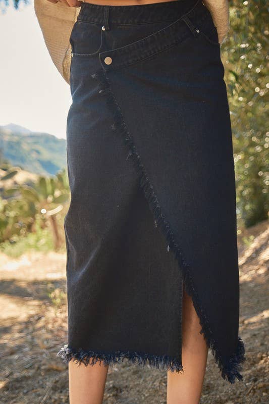 Washed Crossover Waist Midi Denim Skirt