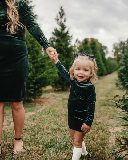 Delta Mock Neck Dress - Hunter Green Velour