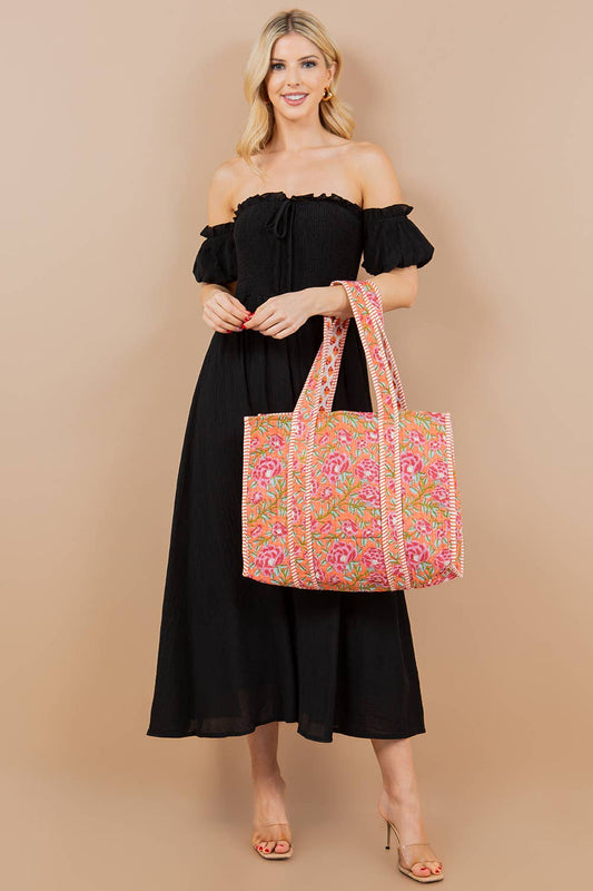 Quilted Tote Bag Pink & Orange