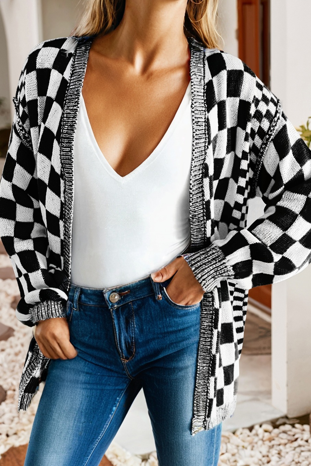 LDC Checkered Open Front Drop Shoulder Cardigan