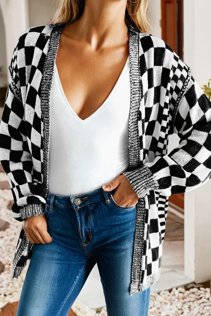 LDC Checkered Open Front Drop Shoulder Cardigan