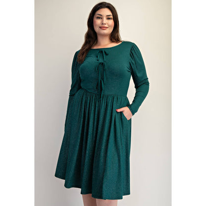 PLUS SIZE GLITTER KNIT FLARE DRESS WITH BOW DETAILS