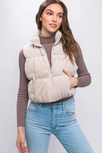 CORDUROY ZIP UP PUFFER VEST WITH POCKETS