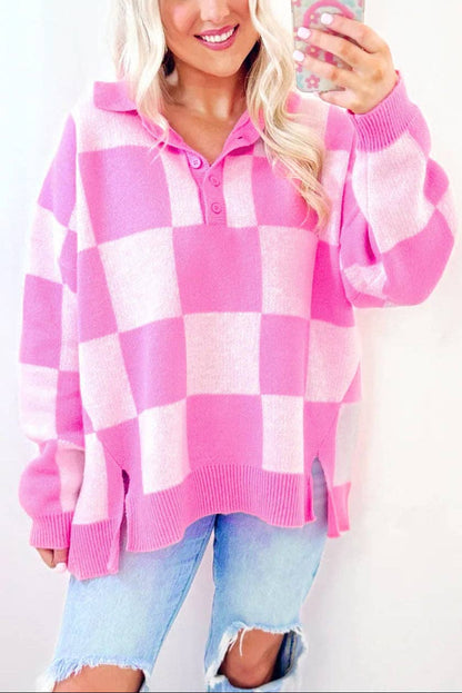 Pink Checkerboard Half Button Collared Drop Shoulder Sweater