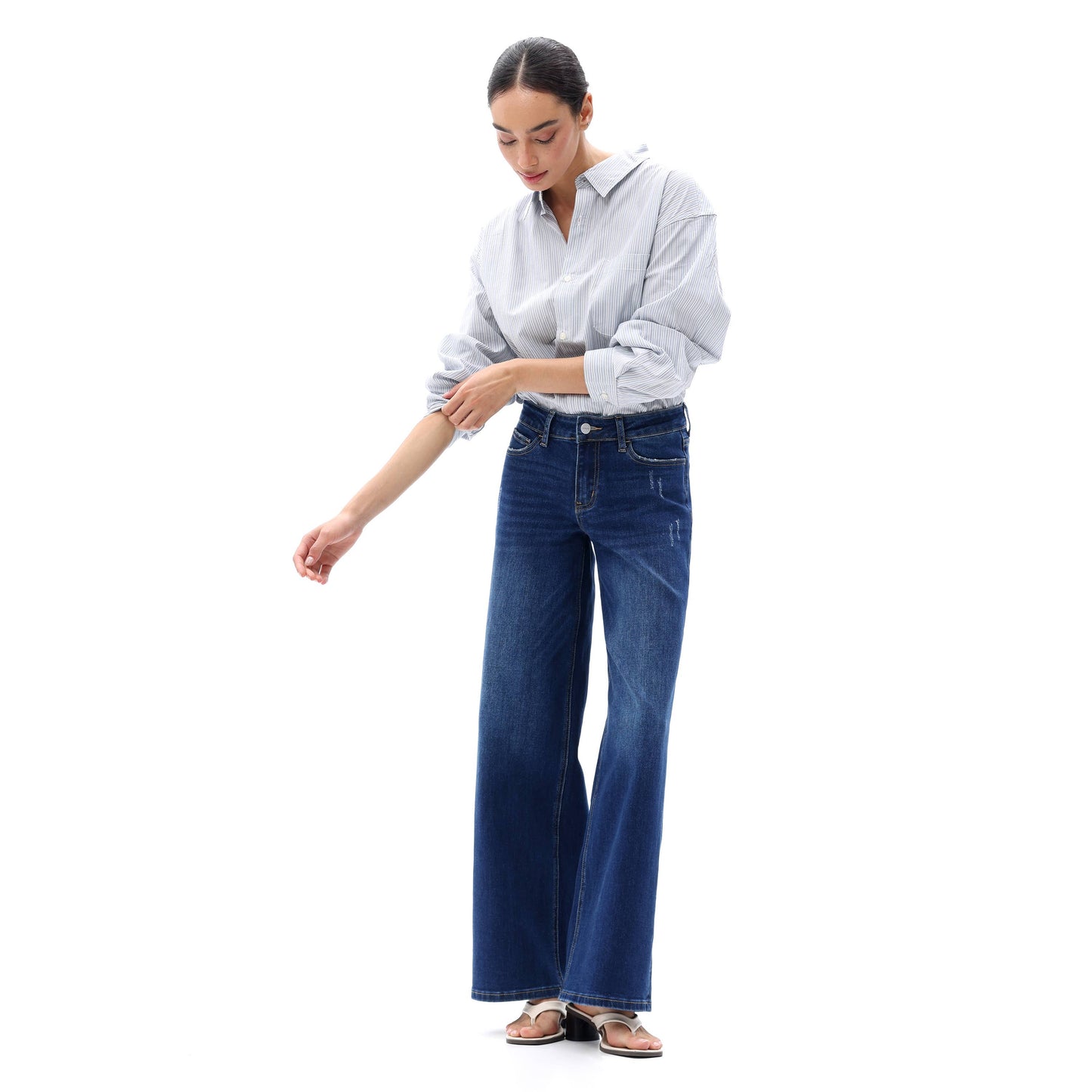 Mid Rise Wide Leg Jeans Relaxed Distressed Denim BG8001