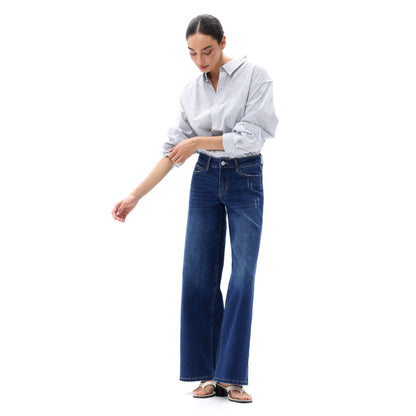 Mid Rise Wide Leg Jeans Relaxed Distressed Denim BG8001