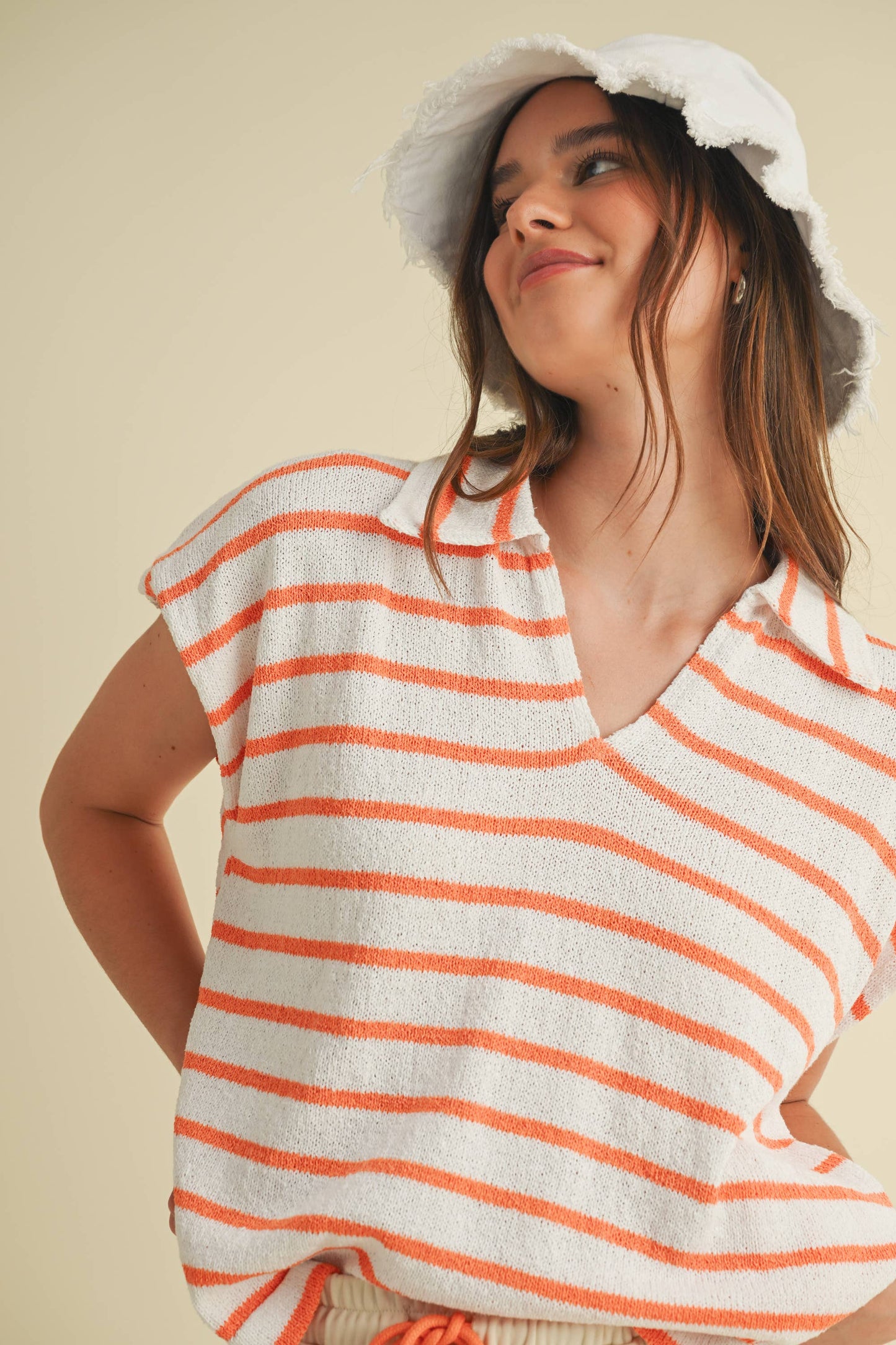 CSW18065 - STRIPED COLLARED V NECK TOP