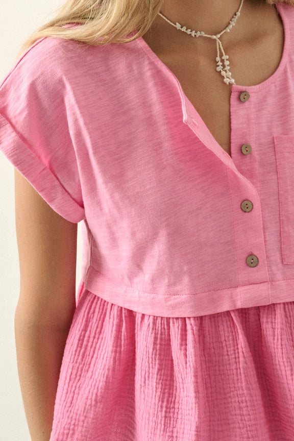 Slub Knit Crinkle Cotton Half-Button Babydoll Top : Bubble Gum