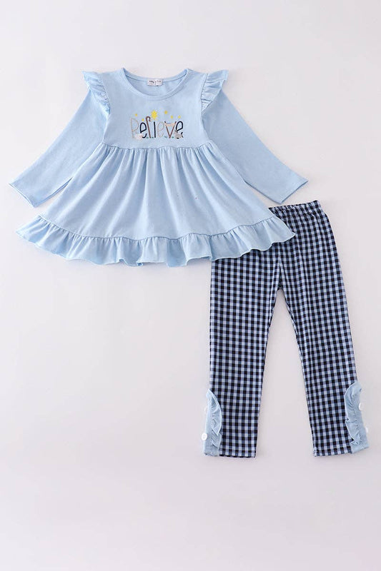 Blue believe embroidery ruffle pants set