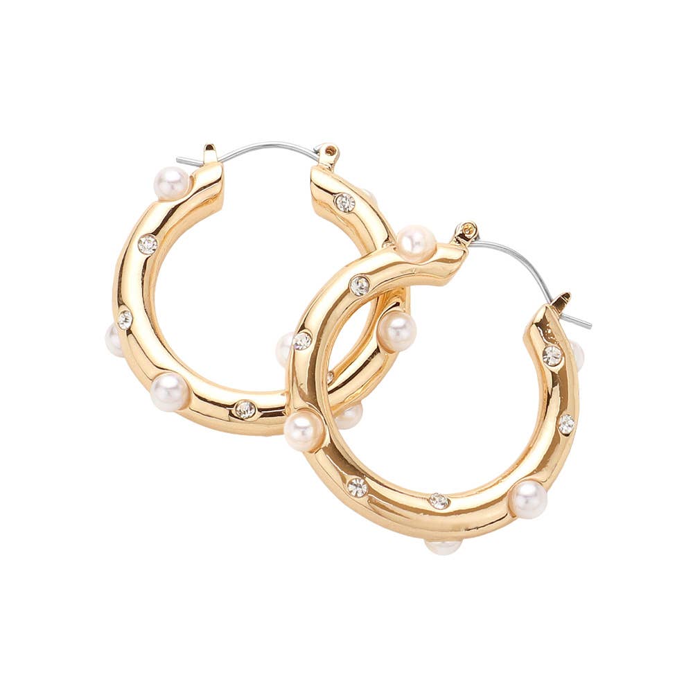 Pearl Paved Stone Embellished Hoop Pin Catch Earrings
