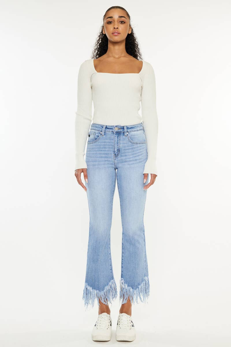 HIGH RISE CROP BOOTCUT DENIM PANTS Fray Hem