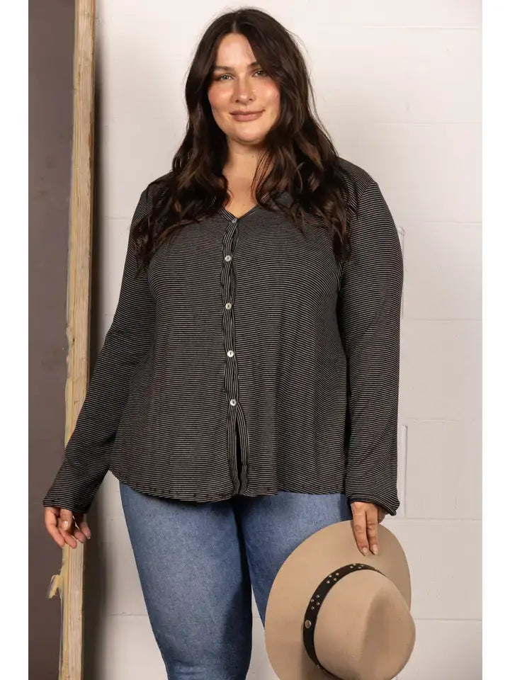 BLACK V-NECK  STRIPES LONG SLEEVES PLUS SIZE TOP T8820PL