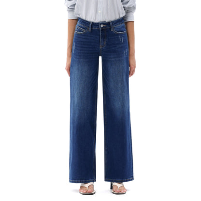 Mid Rise Wide Leg Jeans Relaxed Distressed Denim BG8001