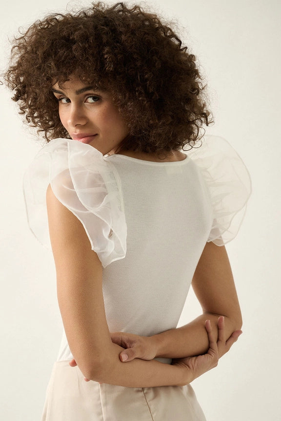 Solid Scoop Neck Tulle Sleeve Rib Knit Bodysuit: White