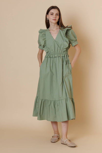 Romantic Ruffled Cottom Poplin Midi Dress