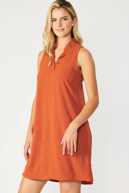 SLEEVELESS SOLID WOVEN DRESS WITH LINING