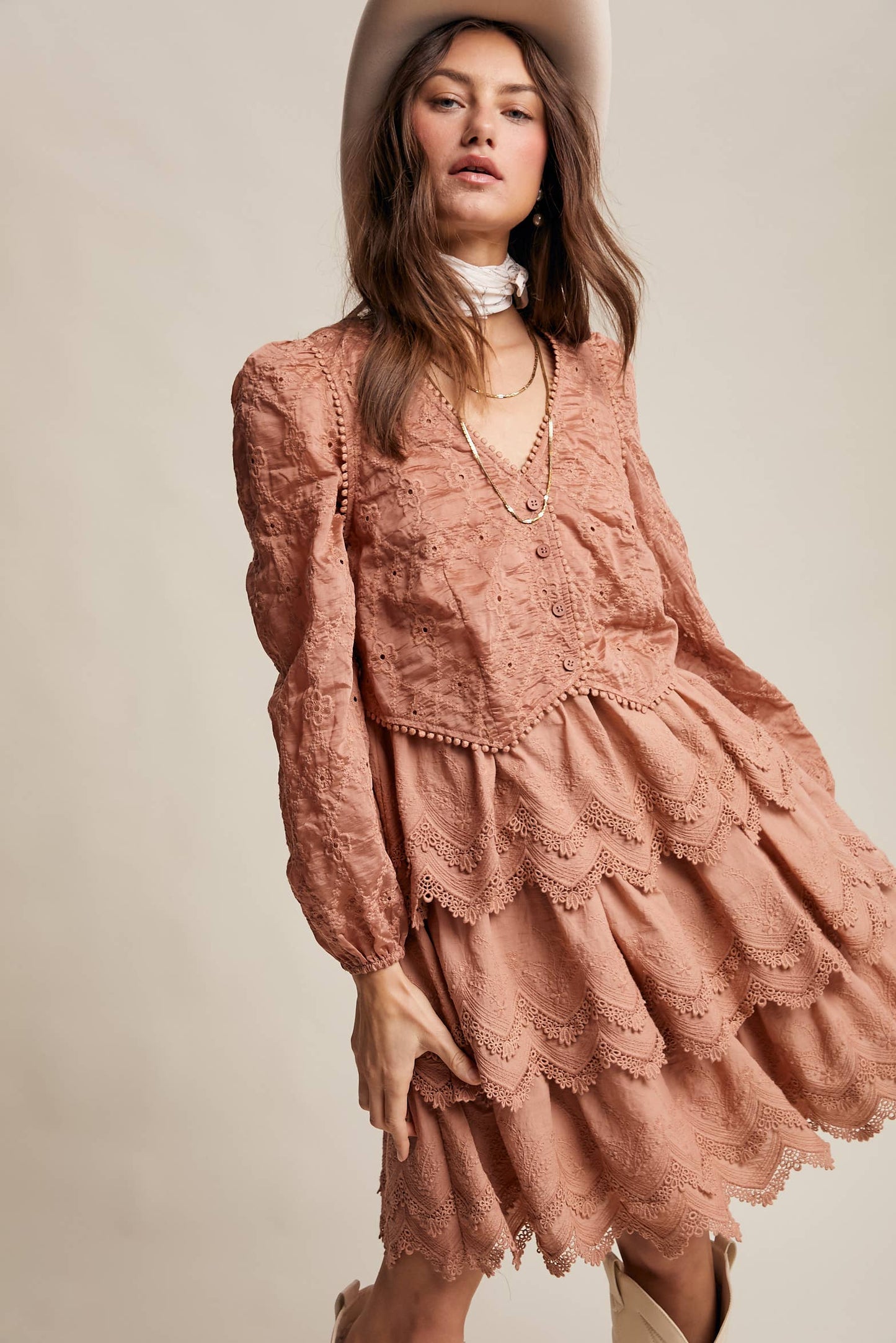Tiered Scallop Embroidered Mini Dress