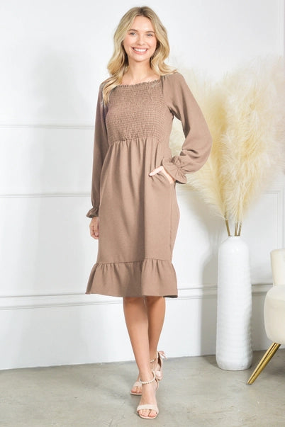 Smocking Long Sleeve Ruffle Dress: Taupe