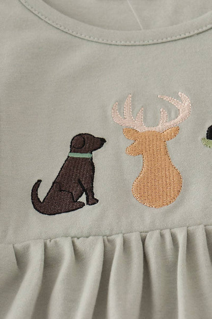 Dog Deer Fish embroidery ruffle pants set