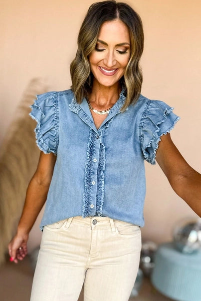 Beau Blue Ruffled Denim Top