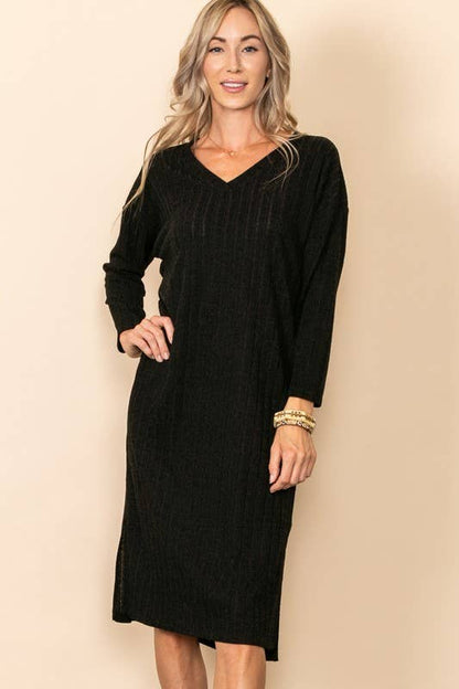 V Neck Long Sleeve Knit Dress With Side Slit