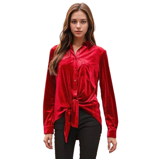 Pleione Women's Button Down Velvet Shirt Blouse in Red