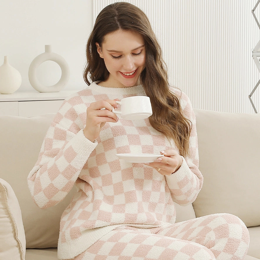 Checkered Lounge PJ Top: Pink