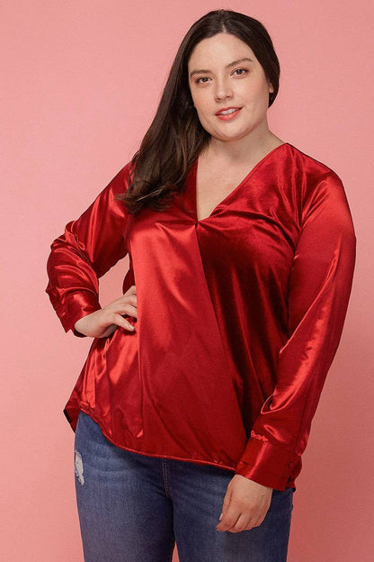 Pleione Plus Size Women's Charmeuse Contrast Cross Front Blouse
