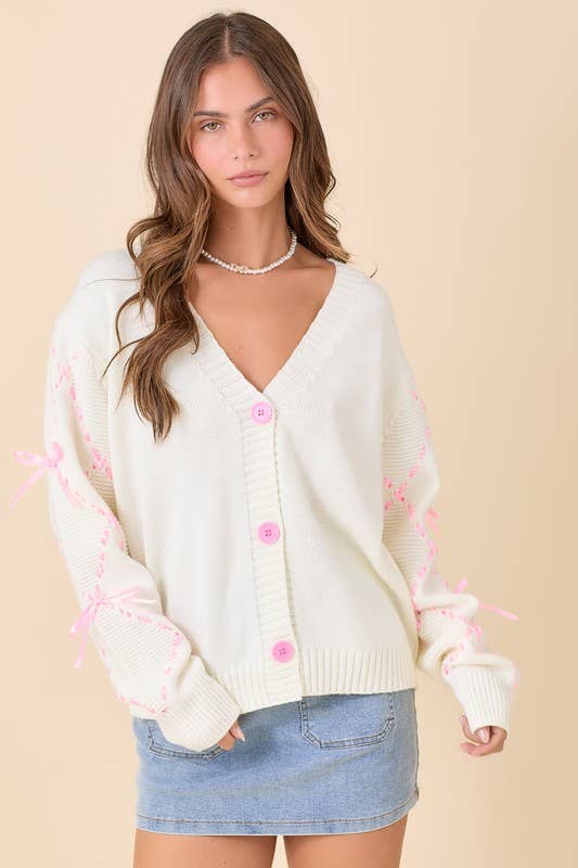 Hand Sewn Satin Ribbon Detail On Sleeve Cardigan