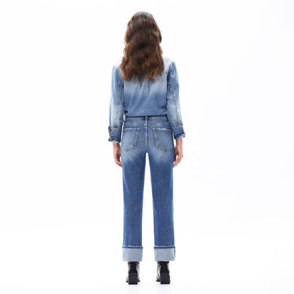 Mid Rise Cuffed Hems Straight Distressed Jeans OST5025