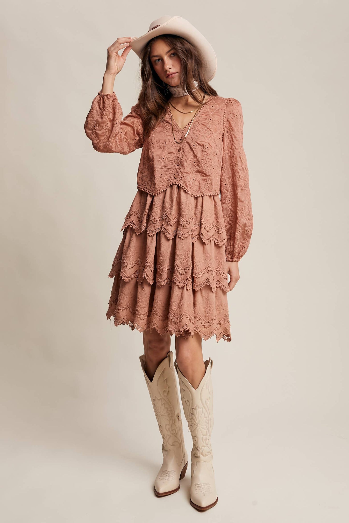 Tiered Scallop Embroidered Mini Dress