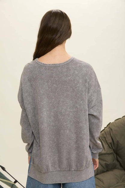 WASHED SIDE SPLIT LONG SLEEVE KNIT TOP