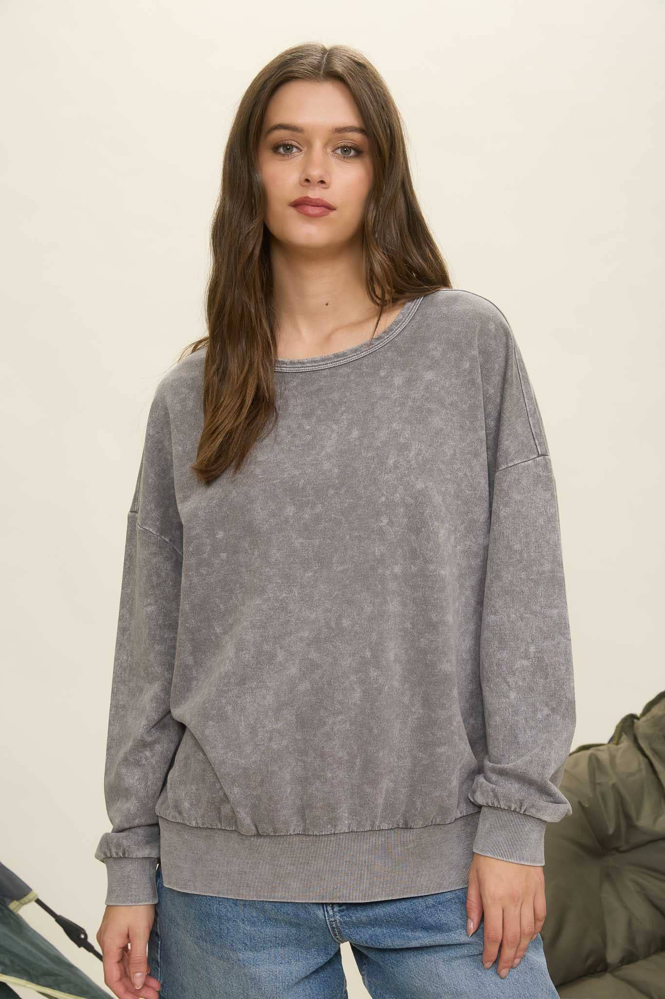 WASHED SIDE SPLIT LONG SLEEVE KNIT TOP