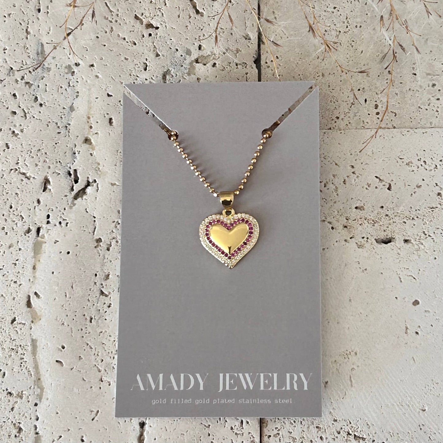 Small Heart Pave Pendant necklace pink glass beaded chain