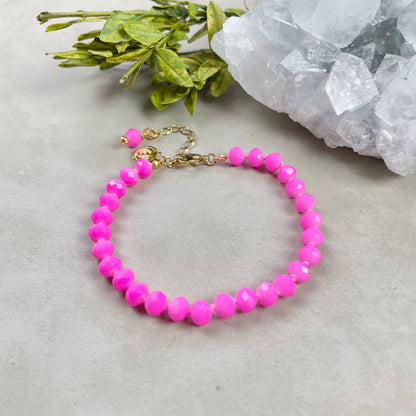 Barb// Hot Pink Neon Crystal Beaded Handknotted Bracelet