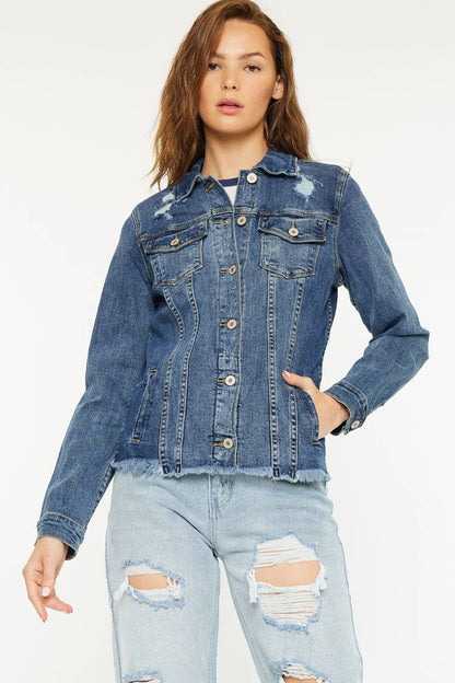 FRAY HEM TRUCKER COMFORT STRETCH DENIM JACKET