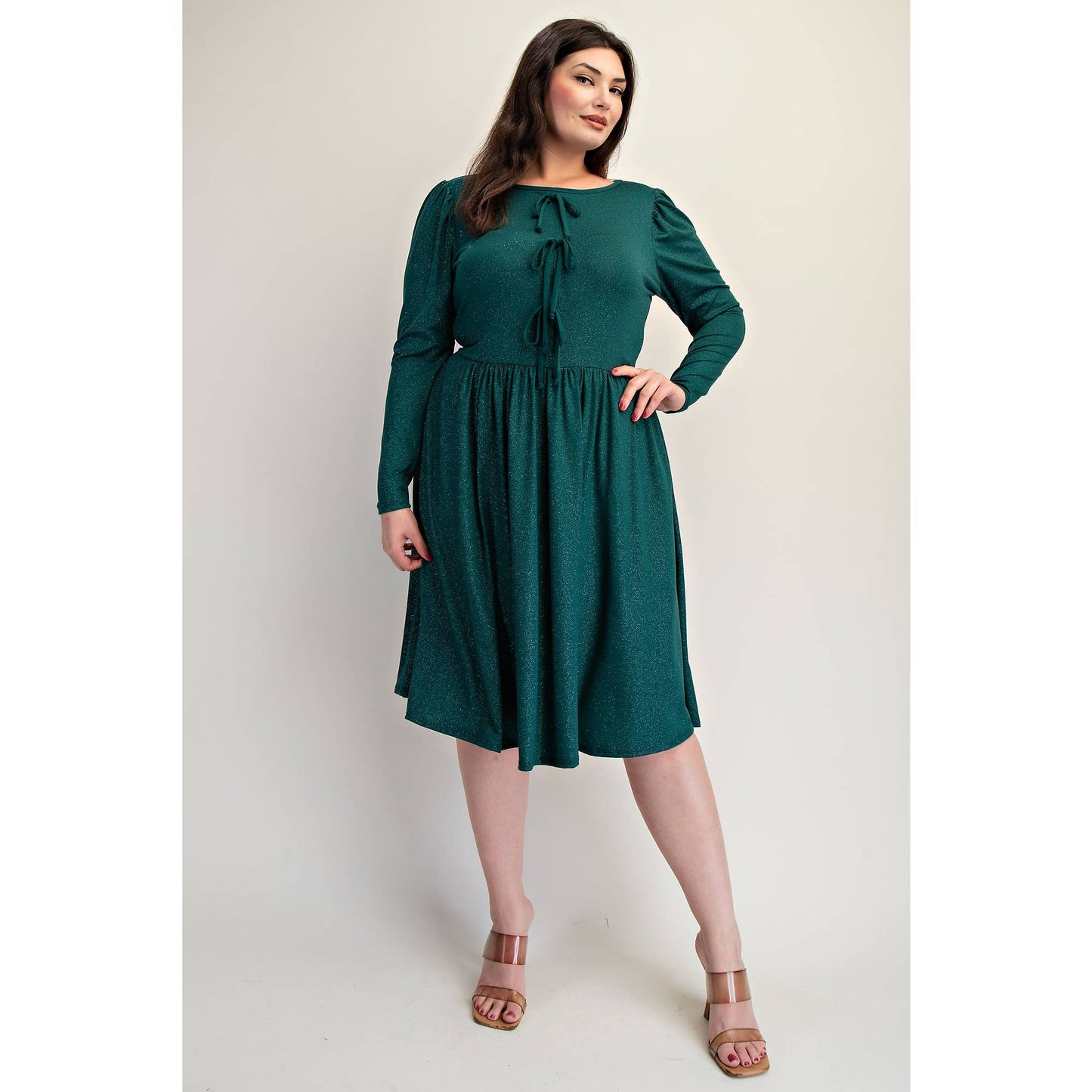 PLUS SIZE GLITTER KNIT FLARE DRESS WITH BOW DETAILS