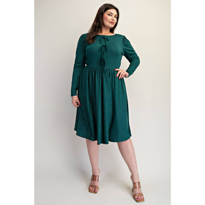 PLUS SIZE GLITTER KNIT FLARE DRESS WITH BOW DETAILS