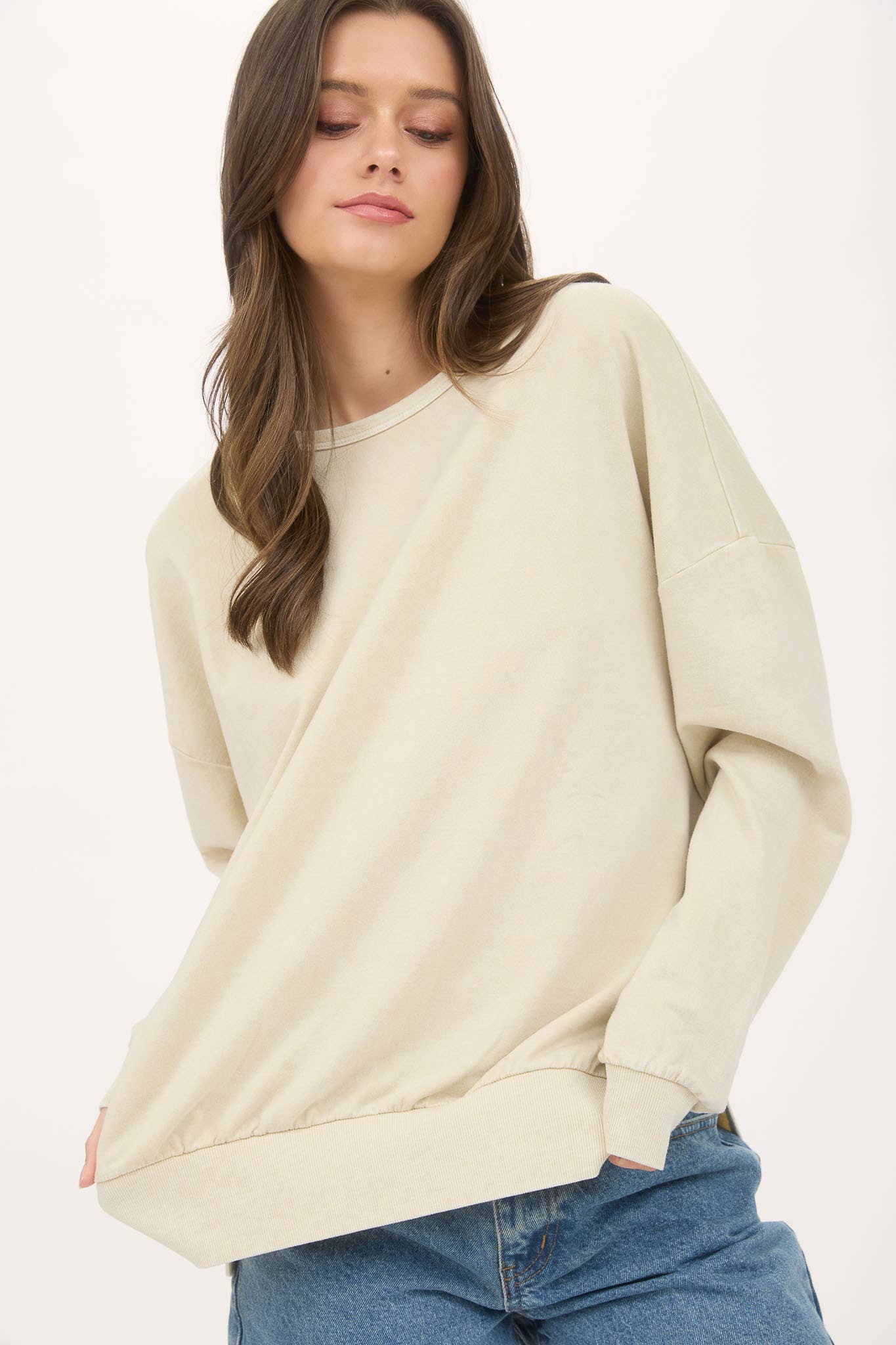 WASHED SIDE SPLIT LONG SLEEVE KNIT TOP