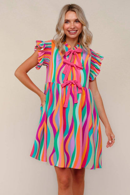 Plus Multicolor Dress W/ Cute Bow Tie Front