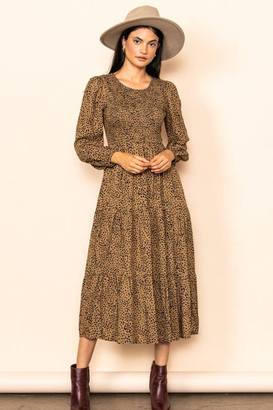 Smocked Chest Wide Flare Tiered Midi Dress w Pockets
